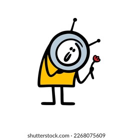 Doodle cartoon astronaut wearing  helmet with  antenna and a spacesuit holds a flower from the Earth. Vector illustration of romantic stickman.