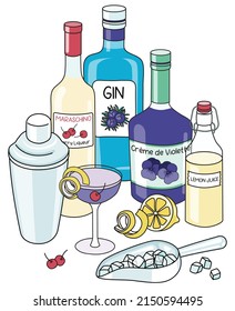 Doodle cartoon Aviation cocktail and ingredients composition. A bottle of gin and creme de violette liqueur, sugar syrup, lemon and shaker. For bar menu, stickers or alcohol cook book recipe.