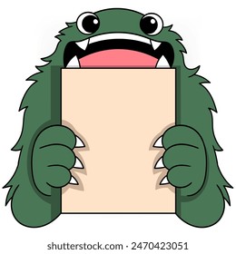 doodle Plantilla de fondo de dibujos animados para texto, monstruo verde con cara amable que sostiene papel blanco