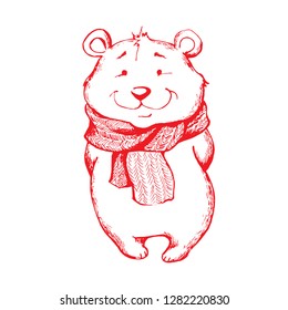 doodle cartoon bear with knitted scarf .Vector illustration, design, icon, sticker