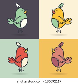Doodle cartoon bird set in flat design. Birdie seamless pattern.