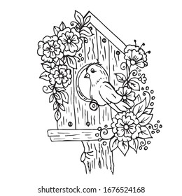 Doodle cartoon birdhouse with flowers and a bird