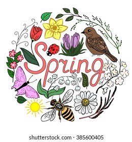 Doodle cartoon birds, flowers, butterfly, sun, bee, ladybug, chamomile, branch, inscription in vector. Stylish floral card. Spring background in black color line. Lettering. Isolated object nature.