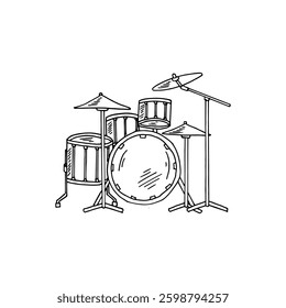 Doodle cartoon black outline hand-drawn of drum set on white background.
