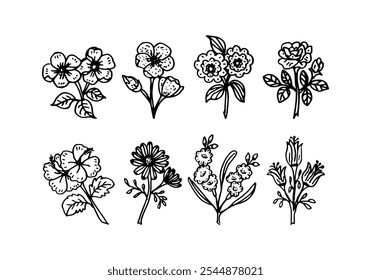 Conjunto de contorno negro de dibujos animados Doodle de ocho plantas de flores dibujadas a mano.