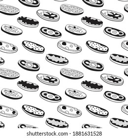 Doodle cartoon black and white hipster style seamless pattern vector illustration. A set of bruschetta tapas canape appetizers. Bar restaurant menu ads, card, farmers market decor, website design