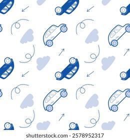 Doodle cartoon blue cars seamless pattern. Backdrop, backgound, wallpaper for children, baby, boy  in vector. Minimalistic auto and clouds. Design for clothing, textile.