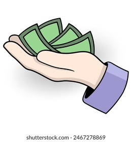 Doodle Cartoon Körperteil macht Bewegungen, Hände tragen Geld zu spenden