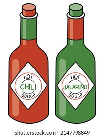 Doodle cartoon bottle of hot red chili and green jalapeno sauce in bottles. Traditional meat seasoning or Bloody Mary cocktail ingredient