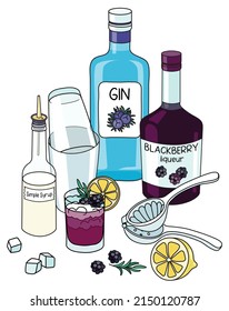 Doodle cartoon bramble cocktail and ingredients composition. A bottle of gin and blackberry liqueur, lemon and Boston shaker. For bar menu, stickers or alcohol cook book recipe.