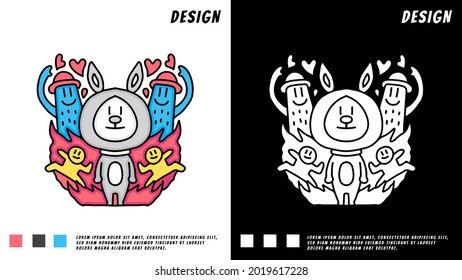 doodle cartoon bunny and alien. illustration for t shirt, poster, sticker, or apparel merchandise.