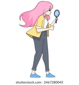 Doodle Cartoon Business Worker Aktivitäten, schöne Frau mit einer Lupe ist beschäftigt auf der Suche nach kreativen Social Media Content Ideen