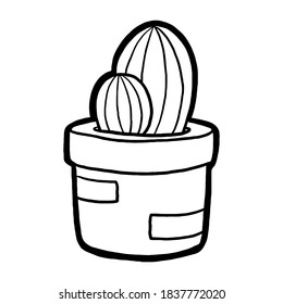 Doodle cartoon cactus nursery decoration, black line hand drawn for coloring and any design. Vector illustration of kid art.