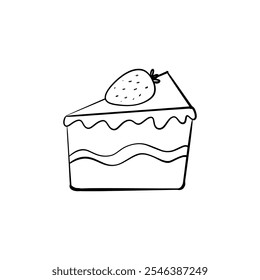 Rebanada de pastel de dibujos animados con fresa y coberturas. Lindo doodle de postre. Rebanada de pastel