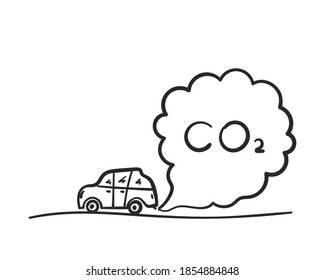 Doodle Cartoon of car blowing exhaust fumes. CO2 smoke cloud coming from automobile into air. Environmental pollution concept. Hand drawn illustration isolated on white background, Vector sketch