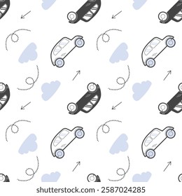 Doodle cartoon cars seamless pattern. Backdrop, backgound, wallpaper for children, baby, boy in vector. Minimalistic auto and clouds. Design for clothing, textile. 