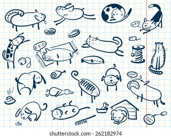 Doodle cartoon cats and dogs set