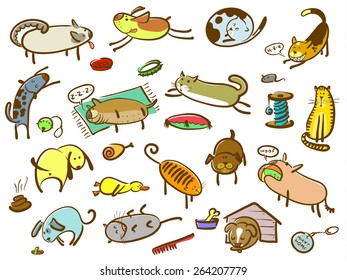 Doodle cartoon cats and dogs set (color version)