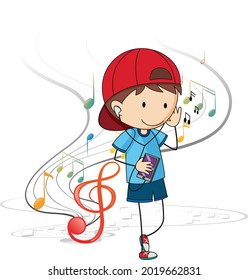 Doodle cartoon character of a boy listening music with musical melody symbols illustration