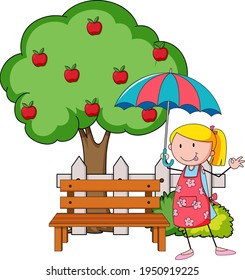 Doodle cartoon character a girl holding an umbrella with apple tree illustration
