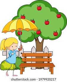 Doodle cartoon character a girl holding an umbrella with apple tree illustration