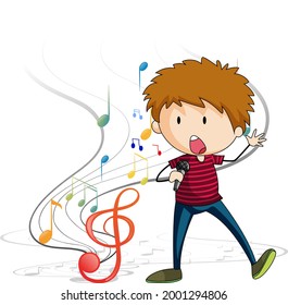 Doodle cartoon character of a singer boy singing with musical melody symbols illustration