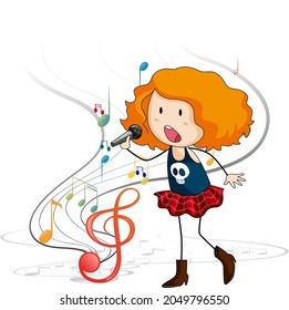 Doodle cartoon character of a singer girl singing with musical melody symbols illustration
