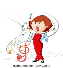 Doodle cartoon character of a singer woman singing with musical melody symbols illustration