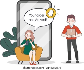 Doodle cartoon character stay home and shopping online delivery free shipping. Ordering on mobile phone.