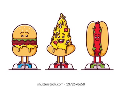 Doodle Cartoon Characters. Fast Food: Burger, Pizza Slice and Hot Dog. Vector Illustration