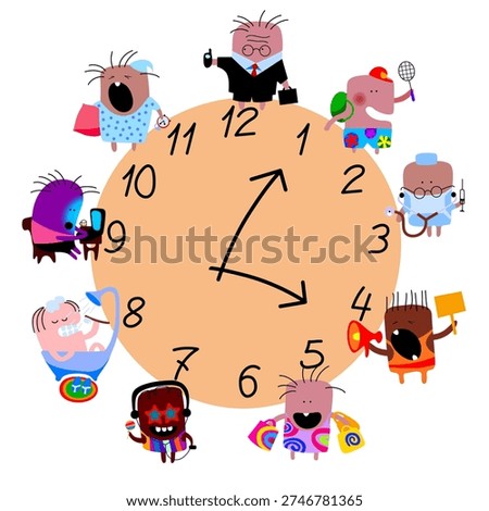 Doodle cartoon comic people characters in various occupations and emotions, on a clock face, on a white background. Concept of daily routine. Vector 
illustration. 