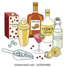 Doodle cartoon Cosmopolitan cocktail and ingredients composition. A bottle of Vodka Citron and Triple Sec liqueur, lime juice, lemon and cranberry juice. For bar menu or alcohol cook book recipe