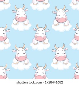 Doodle cartoon cows seamless pattern. Vector background.
