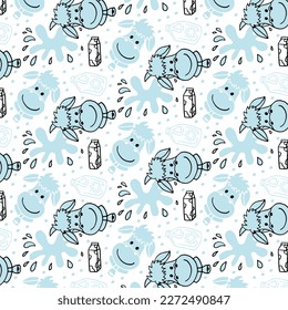 Doodle cartoon cows seamless pattern. Vector background.