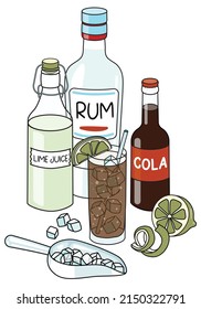 Doodle cartoon Cuba Libre cocktail and ingredients composition. A bottle of white rum and cola, lime juice and ice scoop. For bar menu, stickers or alcohol cook book recipe.