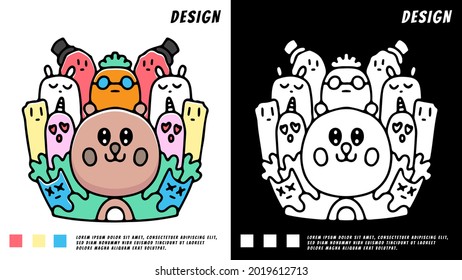 doodle cartoon of cute bear and monsters. illustration for t shirt, sticker, or apparel merchandise.