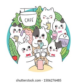 Doodle cartoon cute cats and coffee circle vector.