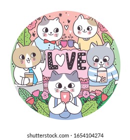 Doodle cartoon cute cats and drink coffee circle frame vector.