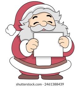 garabato de dibujos animados lindo personaje, sonriente santa claus llevando una tabla en blanco