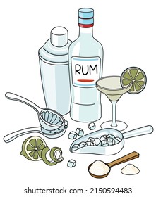 Doodle cartoon Daiquiri cocktail and ingredients composition. A bottle of White Rum, fresh lime, shaker and ice scoop. For bar menu, stickers or alcohol cook book recipe.