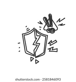 doodle cartoon damaged shield and warning sign illustration