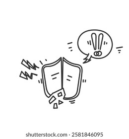doodle cartoon damaged shield and warning sign illustration