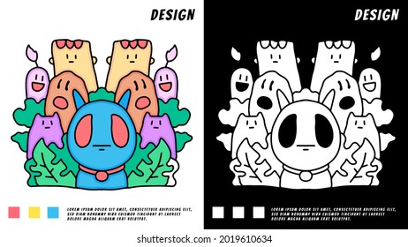 doodle cartoon of devil cat and cute monster. illustration for t shirt, poster, logo, sticker, or apparel merchandise.