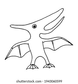 Doodle is a cartoon dinosaur with spread wings on a white background.Vector dinosaur can be used in coloring pages,stickers,textiles.