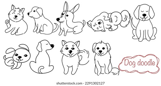 Dibujo de perro de dibujos animados de Doodle en diferentes poses. Perro vectorial de sentada, corriendo y tumbado aislado en fondo blanco