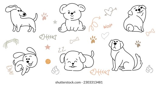 Doodle Cartoon dog illustration set in different poses. Cute sitting, running and lying vector dog isolated on white background