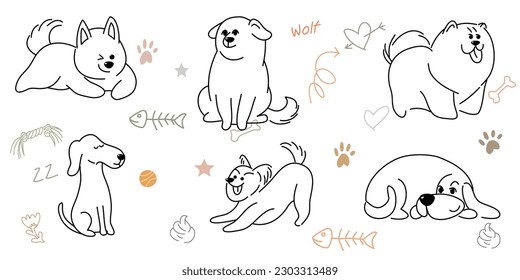 Doodle Cartoon dog illustration set in different poses. Cute sitting, running and lying vector dog isolated on white background