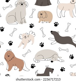 Patrón sin fisuras del perro de dibujos animados Doodle. Impresión de tela de perros de moda. Bonito y divertido fondo textil de cachorros. Niños cachorros con huesos, textura vectorial de rancia