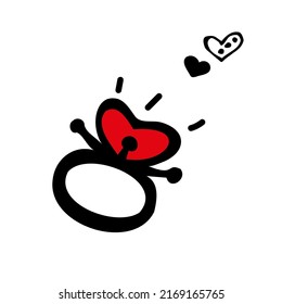 doodle cartoon drawing ring with red stone with heart symbol