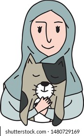 Doodle cartoon drawing vector illustrated in cat and Muslim girl concept. The sketch shows a Arabian or Asian Malaysia female is wearing hijab, holding or cuddling a lovely three color feline friend. 
